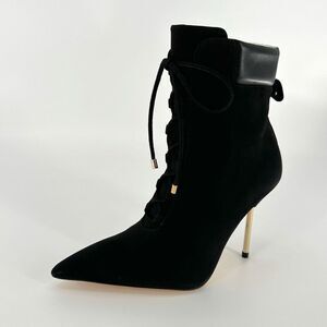 Good American Scandal Black Suede Lace Up Gold Heel Point Toe Booties Size 4